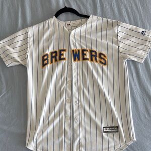 Majestic Brewers White and Blue Striped Jersey